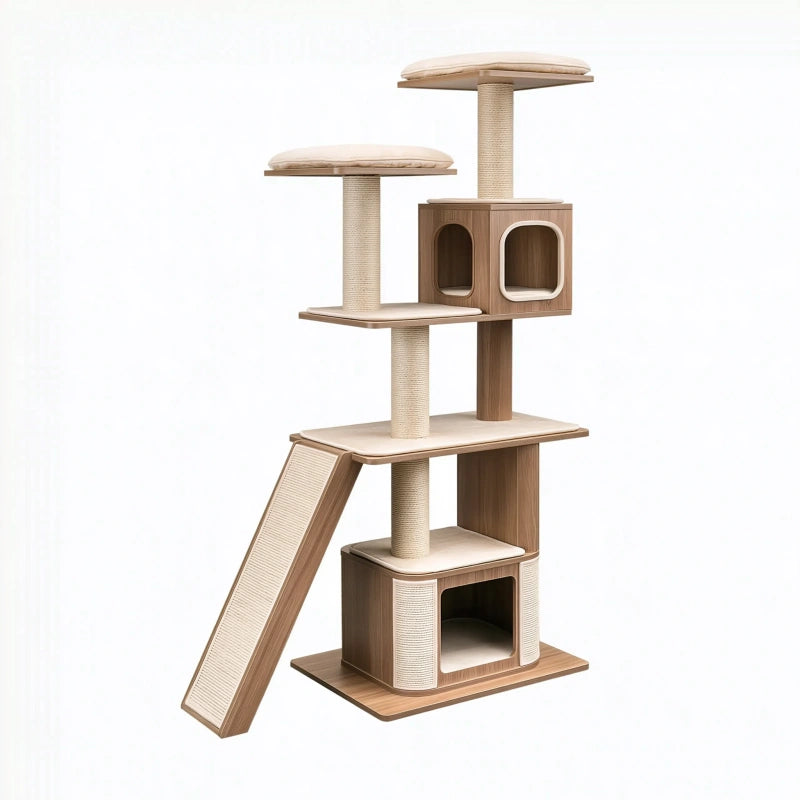 Kratzbaum 60 x 50 x 170 cm Holz Beige mit Sisal und Höhlen