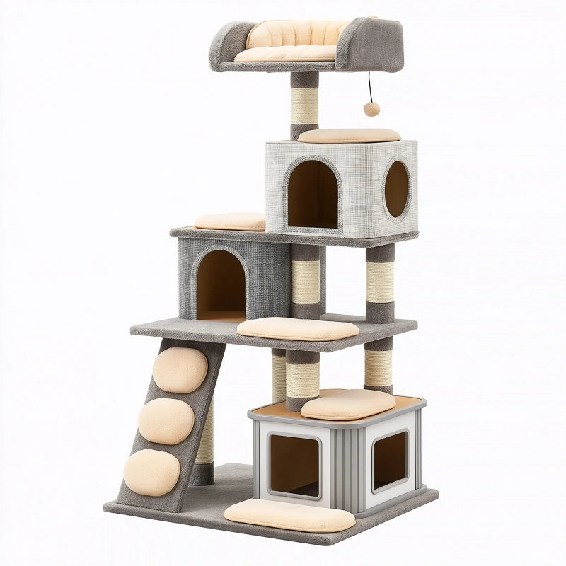 Katzenkratzbaum 60 x 50 x 170 cm in Grau Beige mit Sisal und Plüsch - mehrstöckiger Katzenbaum mit Höhlen