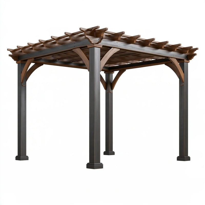 Pergola 300 x 300 x 250 cm aus Metall und Holz in Dunkelgrau Braun mit offenem Dachgitter