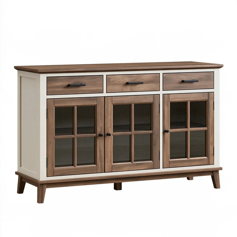 Sideboard 150 x 40 x 90 cm Holzoptik Braun Creme mit Glastüren und Schubladen