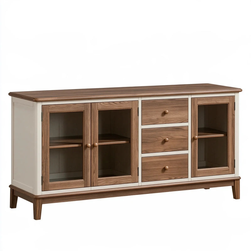Sideboard 160 x 45 x 85 cm Holz und Glas in Braun Creme - Landhausstil mit Schubladen