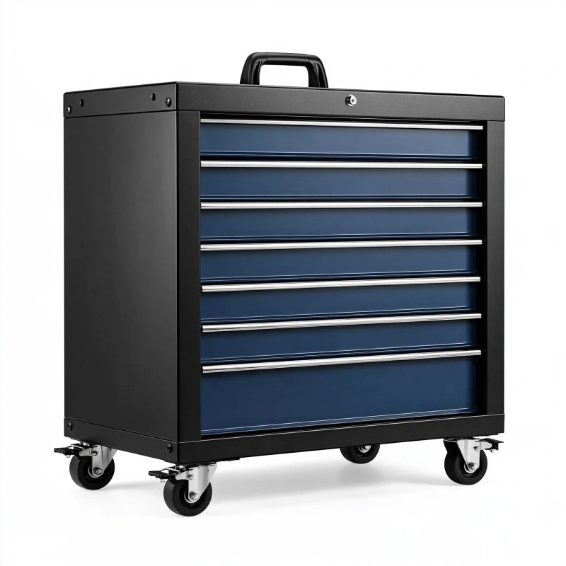 Werkzeugwagen 77 x 46 x 96 cm aus Stahl Schwarz Blau abschliessbar mit 7 Schubladen