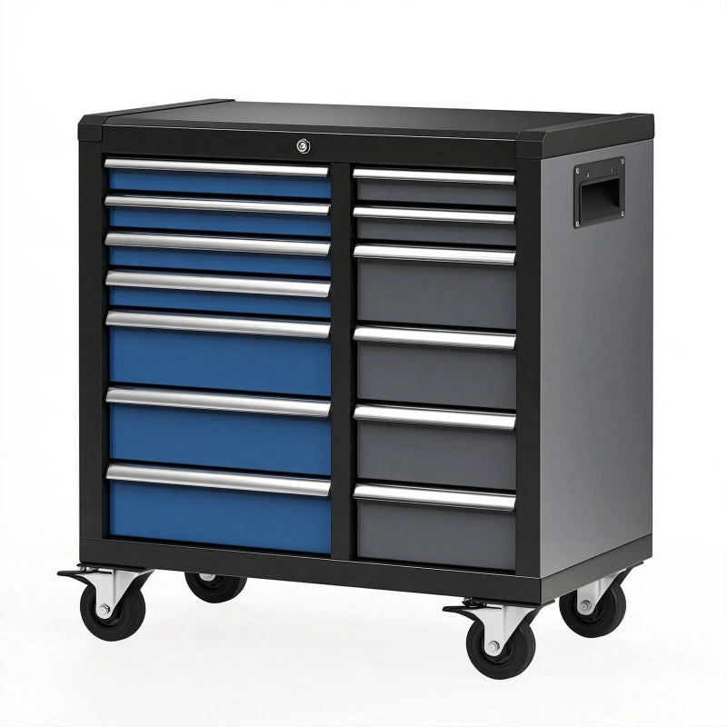 Werkzeugwagen 110 x 50 x 100 cm aus Stahl Schwarz Blau mit 14 Schubladen