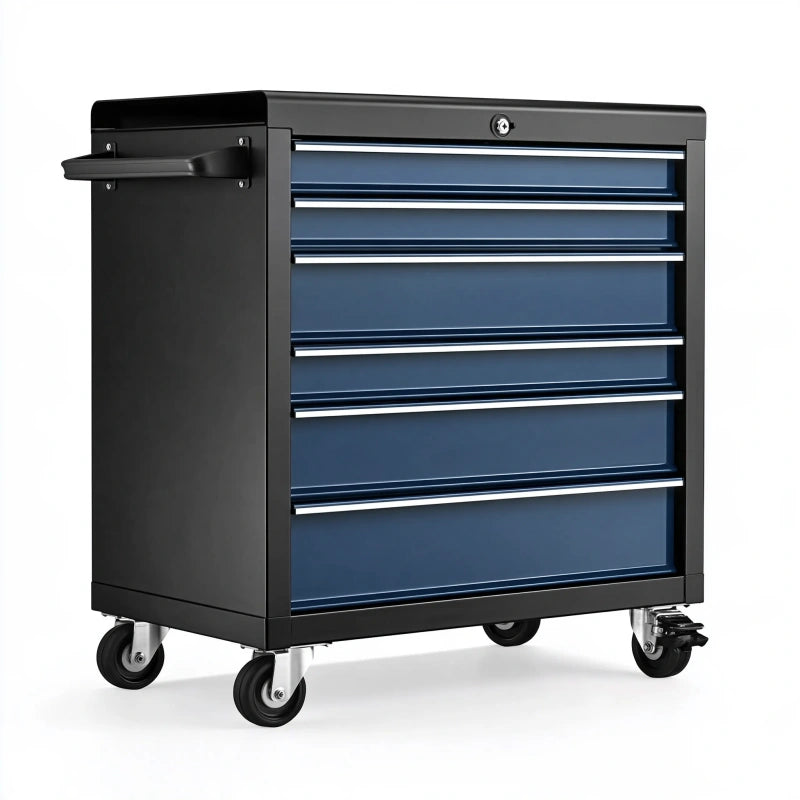 Werkzeugwagen 76 x 46 x 97 cm aus Stahl Blau Schwarz mit 6 Schubladen und Rollen