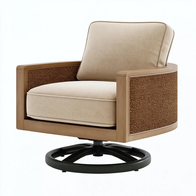 Drehsessel 82 x 85 x 88 cm in Beige und Naturholz mit Stoffbezug und Geflecht